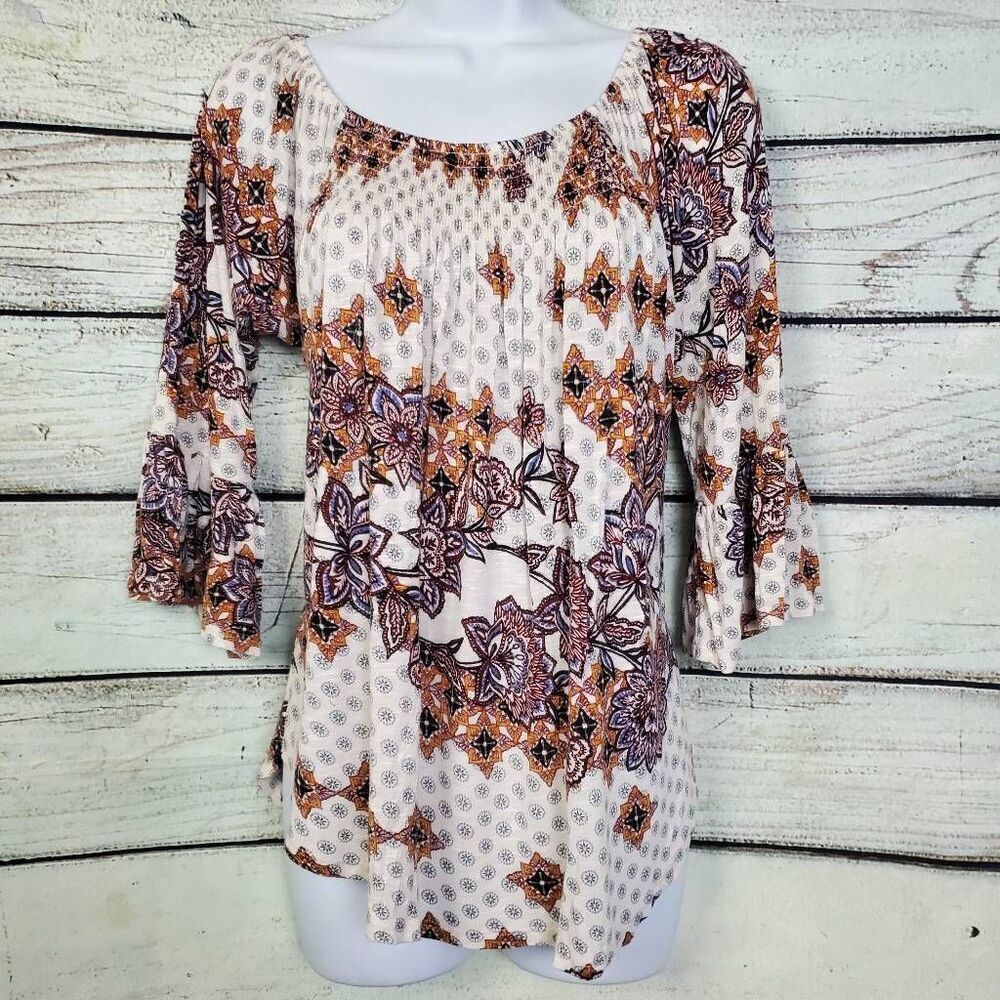 Maurices L Boho Floral Peasant Top 3/4 Sleeve Stretch Scoop Neck Geometric